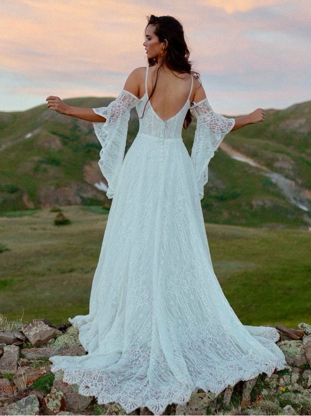 Wilderly Bride Genevieve Lace Boho Wedding Dress Gown Ivory Petite, Lace Crochet - Picture 3 of 17